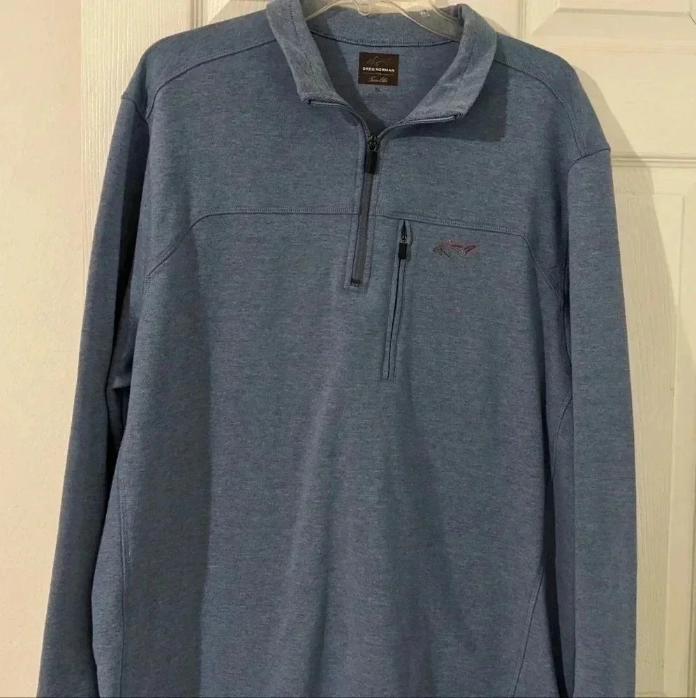 Greg Norman Mens XL Fitted Blue 1/4 Zip Golf Sweatshirt Zippered Chest Pocket